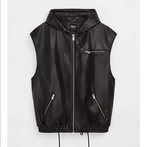 NWT Zara Man Faux Leather Hooded Vest Jacket Coat Black Size M Medium